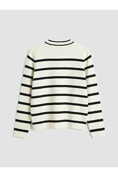 LC Waikiki Ecru Crew Neck Striped Women's Knitwear Cardigan