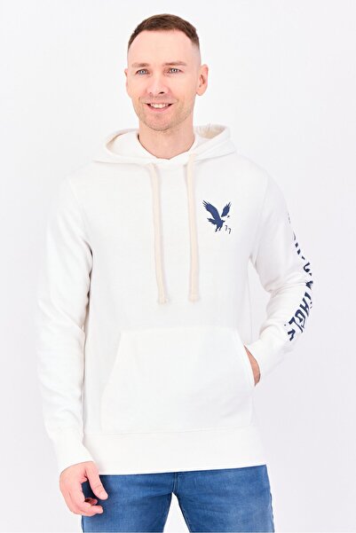 AMERICAN EAGLE Men Brand Logo Long Sleeve Hoodies, White