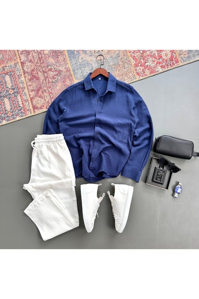 tiggir moda Men's Muslin Fabric Shirt and Pants 2-Piece Set