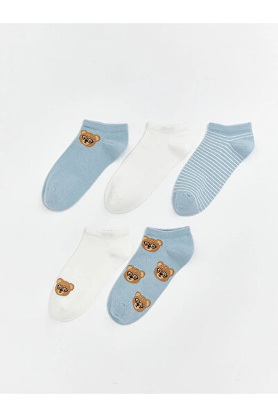 LC Waikiki Сини дамски чорапи с принт на мечка, пакет от 5 чифта