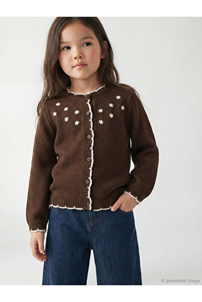 LC Waikiki Smeđi okrugla kragna Cvetni Vezena Pleteni kardigan za devojčice