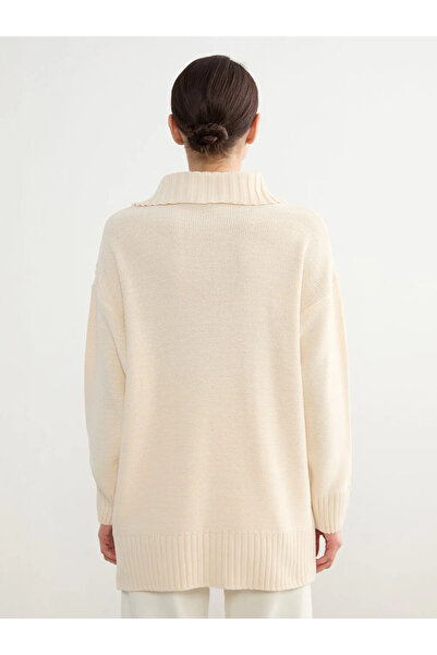 LC Waikiki Beige Polo Collar Diamond Patterned Women's Knitwear Tunic