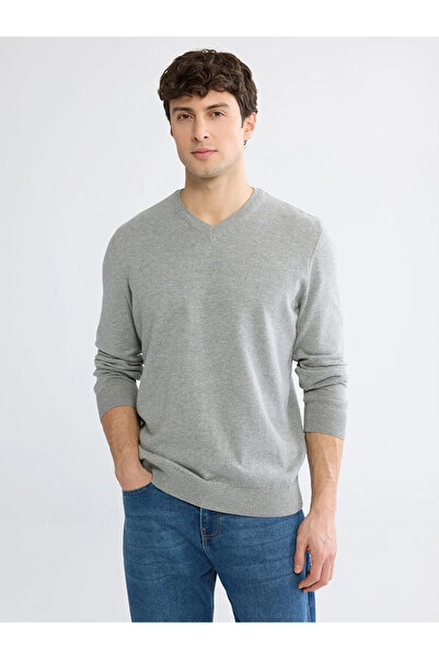 LC Waikiki Gray V-Neck Men's Knitwear Sweater