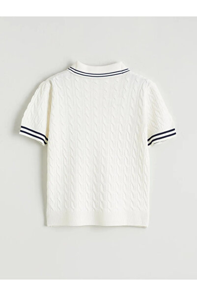 LC Waikiki Pulover tricotat pentru fete, cu guler polo, cu model, ecru