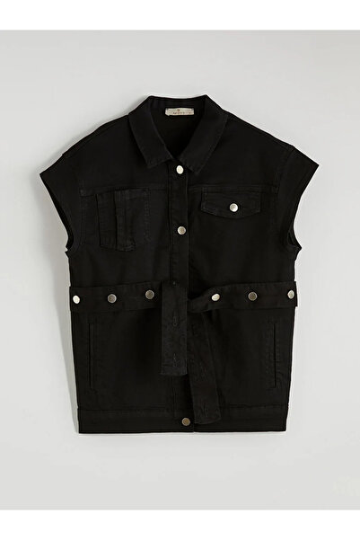 LC Waikiki Black Shirt Collar Belted Women's Jean Vest