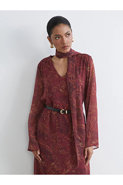 LC Waikiki Mixed Shawl Collar Patterned Spanish Sleeve Belted Dress