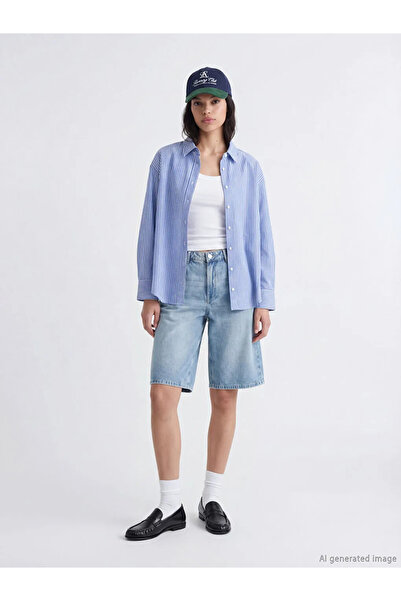 LC Waikiki Blue Striped Oversize Oxford Women's Shirt