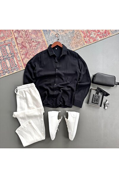 tiggir moda Men's Muslin Fabric Shirt and Pants 2-Piece Set