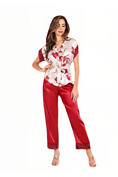LOOMERİE Women's Satin Two-Piece Pajama Set - Floral Tie-Detail Top and Soft ...