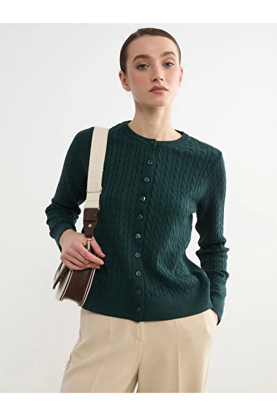 LC Waikiki Green Crew Neck Self Patterned Women's Knitwear Cardigan