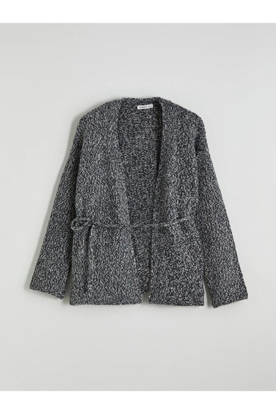LC Waikiki Anthracite Shawl Collar Patterned Women's Knitwear Cardigan