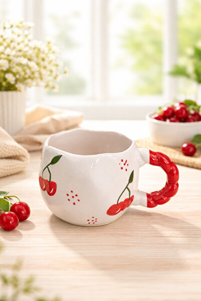 Çağ Seramik Cherry Patterned Handmade Ceramic Mug – Cream Coffee Cup with Red...