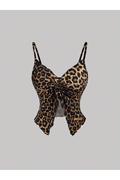 Wild Flower Leopard Pattern Front Twist Thin Strap Alaçatı Crop