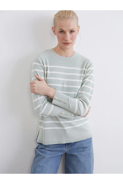 LC Waikiki Green Crew Neck Striped Women's Knitwear Sweater