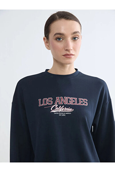 LC Waikiki Navy Blue Los Angeles Printed Soft Touch Women's Sweatshirt Tunic