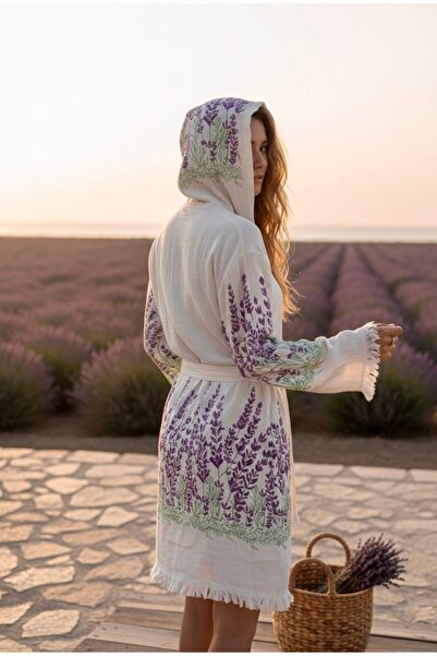tarzQeen peştemal Bambu müslin bornoz Kadın Lavanta desenli Plaj Bornozu Kapü...