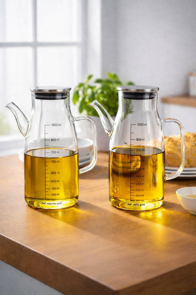 Paşabahçe 2'li 1000 ml Ölçekli Cam Yağdanlık Seti - Damlatmaz Çelik Kapaklı S...