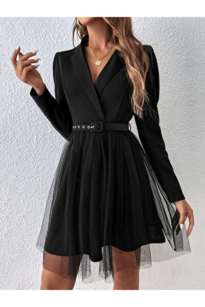 FRESCO SCARFS Women's Long Sleeve Collared Mini Tulle Imported Crepe Dress wi...