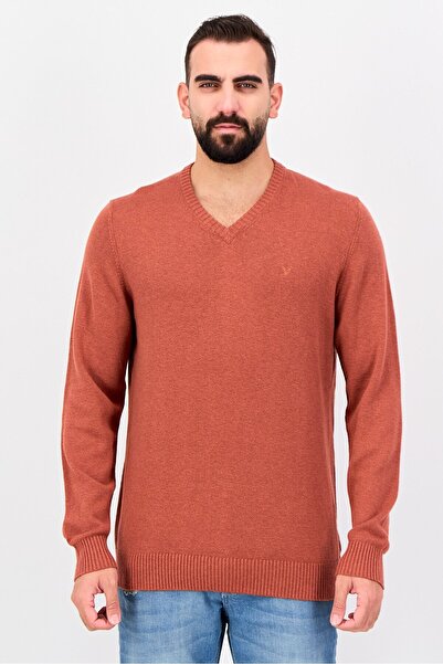 AMERICAN EAGLE Men Ribbed Collar Embroidered Logo Sweater, Rust