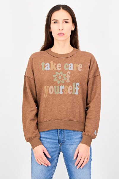 AMERICAN EAGLE Women Crew Neck Graphic Print Long Sleeves Sweatshirt, Brown