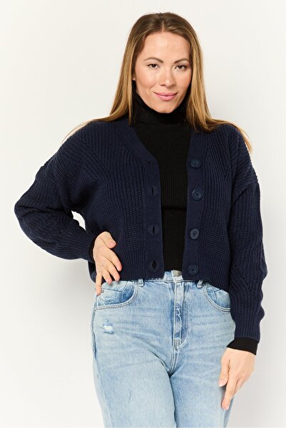 Don't Call Me Jennyfer Women V-Neck Crochet Cardigan, Navy