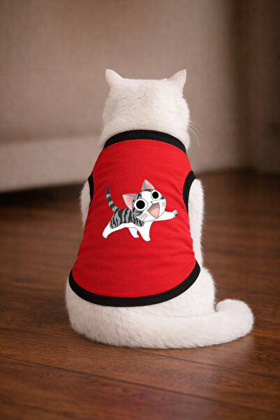 petite pati تي شيرت مطبوع عليه قطة سعيدة باللون الأحمر مقاس XL (100% قطن ممشط)