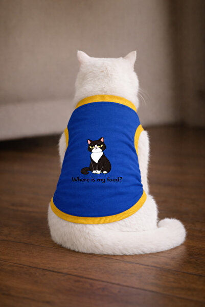 petite pati تي شيرت للقطط مطبوع عليه Blue Food Cat مقاس L (100% قطن ممشط)