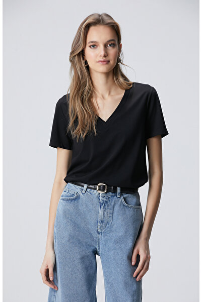 Network Siyah V Yaka Basic T-shirt