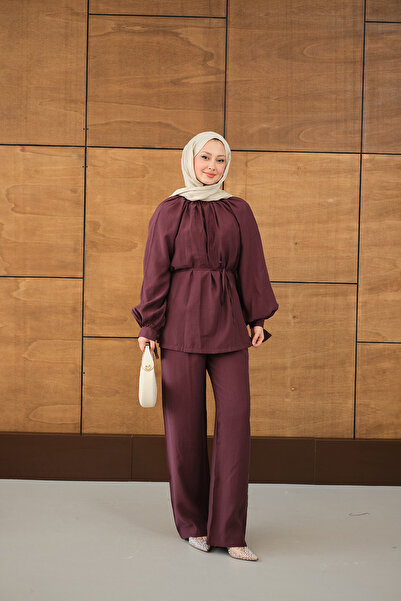 LOCCO Women's Collared Drawstring Ankle-Tie Trouser Suit Burgundy