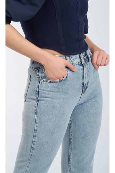 sion jeans Blueva New Season Mom Jeans Lycra High Waist Blue Snow Washed Deni...