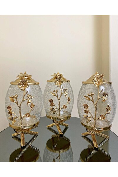AZADE BAKIR GOLD PİRİNÇ JAPONGÜL SİLİNDİR KAVANOZ 3’LÜ SET