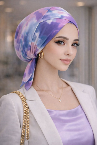 Aişe tesettür Lilac White Batik Cross-Strapped Bonnet