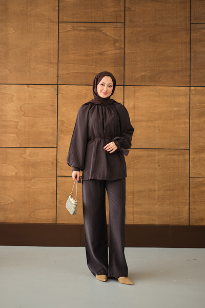 LOCCO Women's Collared Drawstring Ankle-Tie Trouser Suit Brown