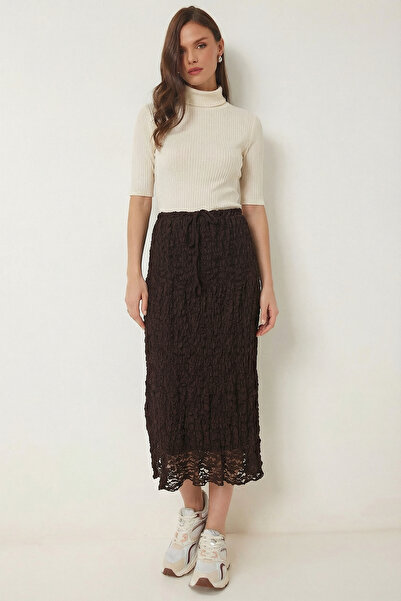 Lovelyİstanbul Astarlı Yazlık Midi Dantel Etek LCR0109 KAHVERENGİ