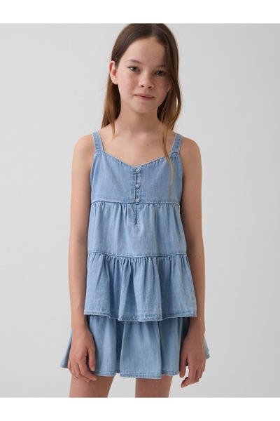 GAP Kız Çocuk Açık Mavi Denim Tiered Kolsuz Bluz