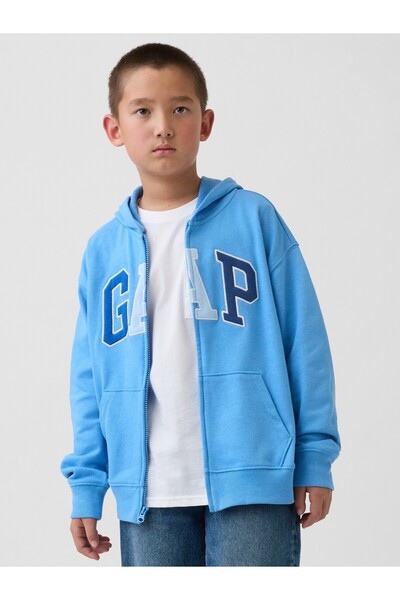 GAP Erkek Çocuk Açık Mavi Logo Fransız Havlu Kumaş Fermuarlı Sweatshirt