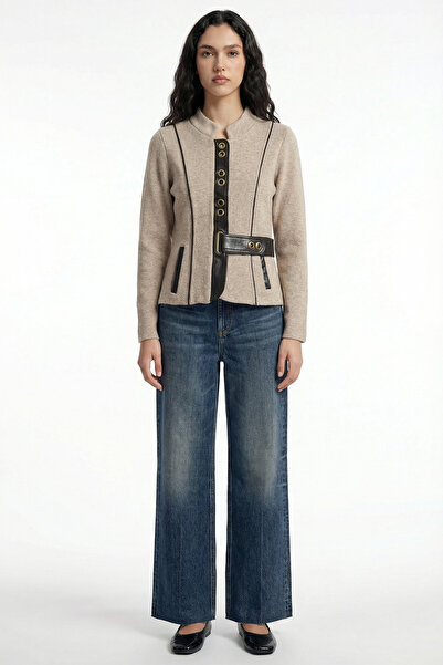 Sementa سترة نسائية من الصوف بتفاصيل من الجلد الصناعي - مينك - بني