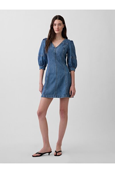 GAP Kadın Mavi UltraSoft Denim Puff-Sleeve Mini Elbise