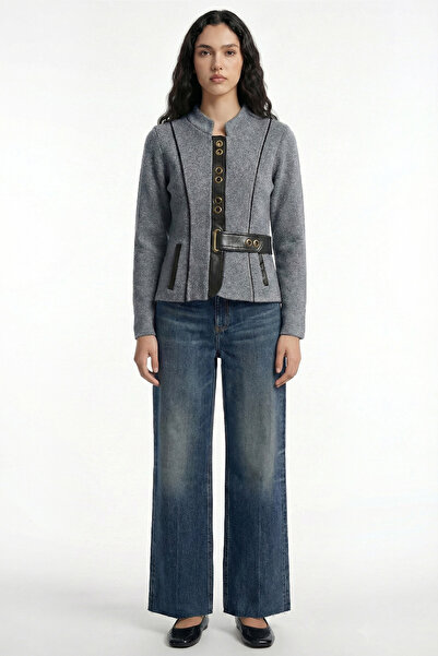 Sementa Jachetă tricotată de damă din lână cu detalii din piele artificială -...