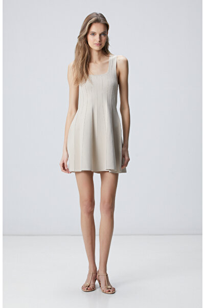 Network Bej Volanlı Mini Triko Elbise