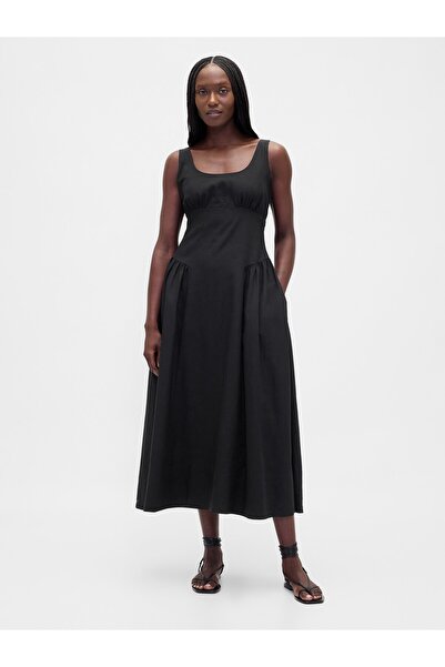 GAP Kadın Siyah Keten Karışımı Shirred Maxi Elbise