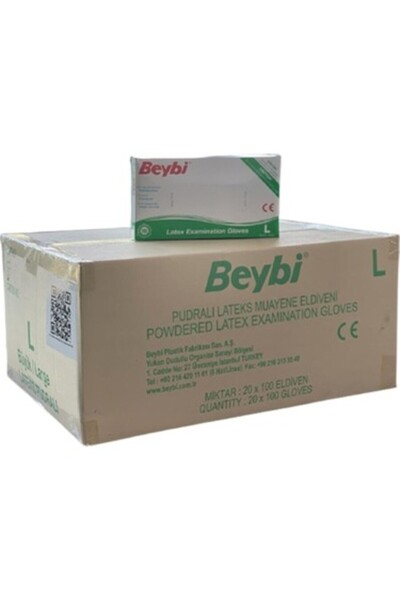 Beybi L (Large) Size 1 Box (20 Packs) Powdered Latex White Examination Gloves