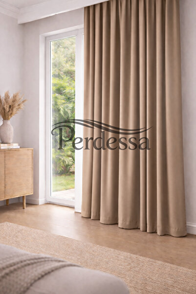 Perdessa Lüx Bej Blackout Saten Karartma Perde Pilesiz Kornişli Kullanıma Haz...