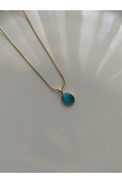 Anetta Jewelry Kadın altın renk oval mavi taşlı Vintage çelik kolye