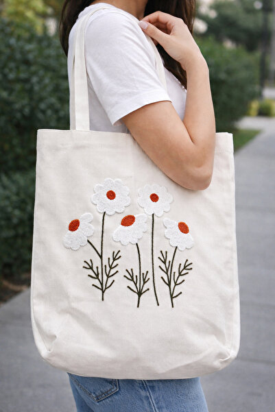 Alika Tekstil Modern Papatya Tasarımlı Keten Punch Çanta, Plaj Çantası/Kol Ça...