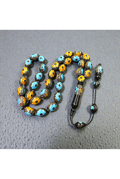 İnan Tesbih Kuka Silver, Amber and Enamel Inlaid Large Size Kuka Prayer Beads