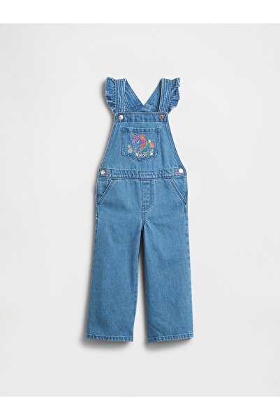 GAP Kız Bebek Mavi İşlemeli Denim Tulum