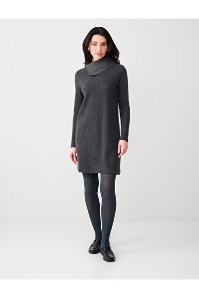 Jimmy Key Antrasit Melanj Yumuşak Dokulu Asimetrik Yaka Örme Mini Elbise