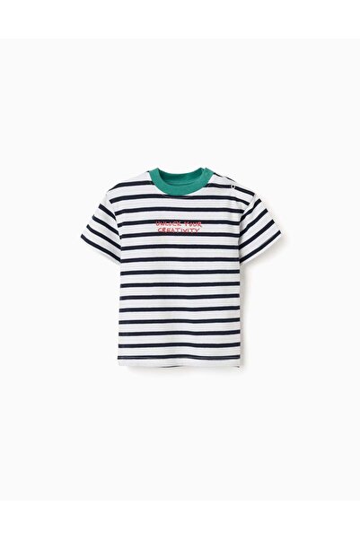 Ziddy Striped Cotton T-Shirt With Print For Baby Boys, White/Blue/Green