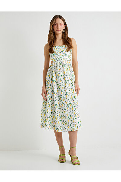 Koton X Sibil Çetinkaya - Midi Çiçekli Elbise Limon Baskılı Askılı Pencere De...
